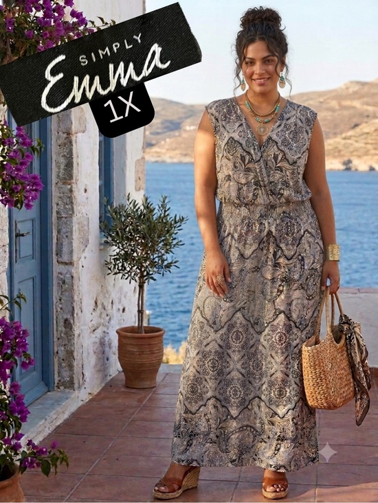 Simply Emma Dresses & Skirts - Simply Emma 1X Plus Size Paisley Boho Maxi Dress Smocked Waist V-Neck Casual